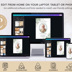 May include: A digital mockup showing how to edit a funeral announcement template on a laptop, tablet, and phone using Canva. The template features a green leafy design with a photo of a man in a circle. The text on the template reads "Celebrating the Life of".