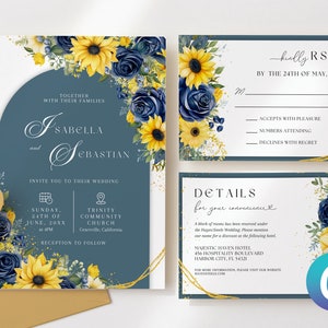 Marine Blau & Senf Gelb Hochzeit Bogen Einladung, Sonnenblumen Pfingstrosen Floral Canva Vorlage, Elegant Moderne Romantische Minimalistische Aquarell