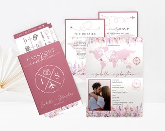 Pink Passport Invitation Canva Template with Boarding Pass & Save the Date, Destination Wedding Invitation Bundle in Travel Theme WP0022