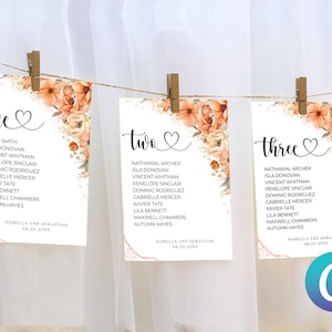 Modello in tela per grafico a sedere con tavolo sospeso per matrimonio floreale ad acquerello color pesca, elegante cartellino con numero di tavolo per gli ospiti stampabile modificabile floreale
