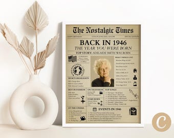 Puede incluir: Impresión enmarcada con diseño de periódico vintage, titulada "The Nostalgic Times" y fechada en 1946. La impresión incluye información sobre el año, como lo más destacado de los deportes, la moda y las canciones populares.