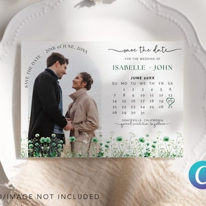 Modifiable moderne minimaliste pré vert émeraude fleurs sauvages mariage réservez la date Invitation calendrier carte modèle de toile numérique simple