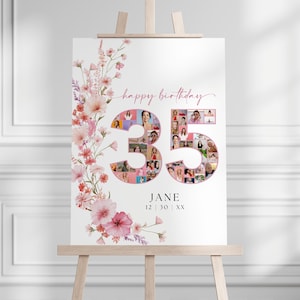 Mjukt rosa 35-årsdag fotocollage födelsedagsaffisch för flickor, vildblommig blommig nummer 35 år fotofestskylt, present till henne BP0075