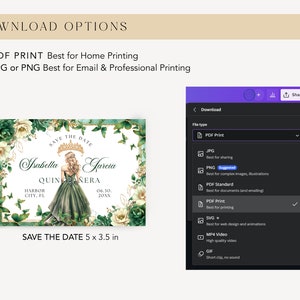 Emerald Green Gold Floral Butterfly Princess Quinceanera Save the Date Invitation Canva Template, Quince Invite RSVP Thank you Card QB0030 image 6
