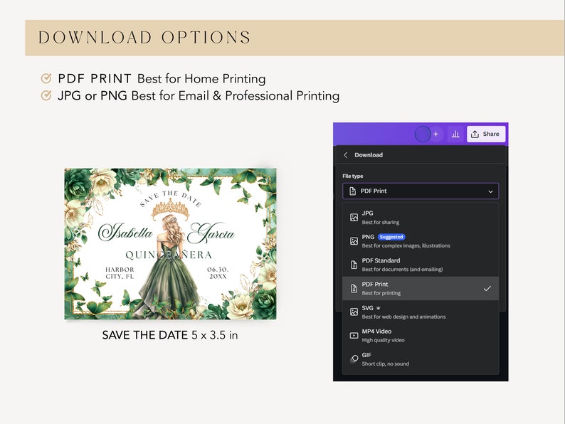 Emerald Green Gold Floral Butterfly Princess Quinceanera Save the Date Invitation Canva Template, Quince Invite RSVP Thank you Card QB0030 image 6