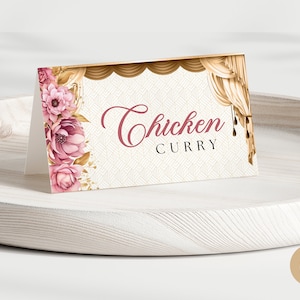 Mehndi Pink Gold Bearbeitbar Lebensmittel Label Canva Vorlage für Indische Hochzeit, Elegante Haldi Menü Name Party Dekoration mit Regenschirm Design Ip0003