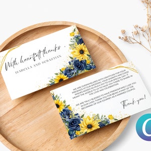 Plantilla editable de tarjeta de agradecimiento de boda azul marino mostaza amarillo, girasol floral imprimible, elegante canva minimalista romántico moderno