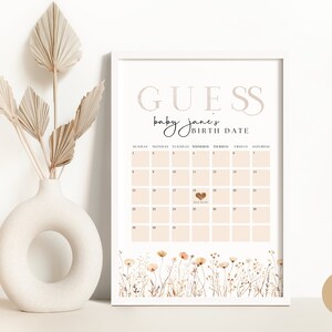 Modèle sur toile devinez la date d'échéance minimaliste beige modifiable pour baby shower, signe de calendrier moderne de baby shower de fleurs sauvages, genre neutre BS0003