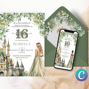 Faire-part thème magique conte de fées, modèle anniversaire château de princesse, diadème fille vert sauge inviter, élégant fantaisiste enchanteur imprimable