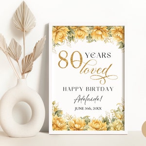 Plantilla de cartel de bienvenida de 80 cumpleaños para madre abuela mujer, cartel floral amarillo dorado de fiesta de cumpleaños octogenario de 80 años de amor BP0045