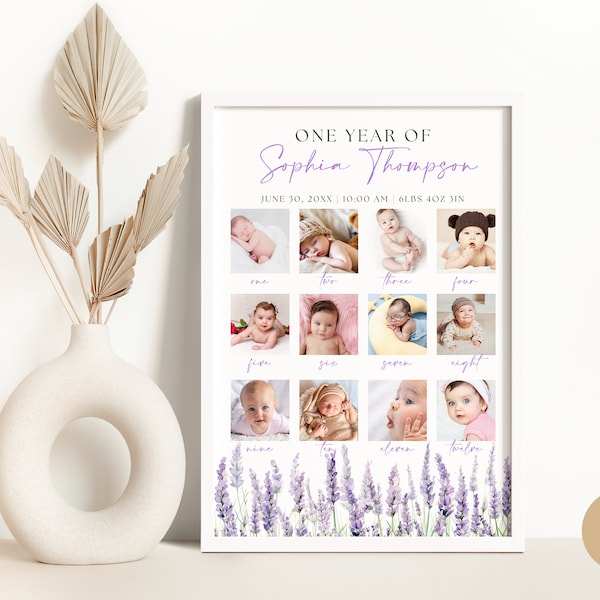 Editable Lavender Fairy First Birthday Milestone Sign Canva Template Lilac Purple Butterfly Wildflower 1st Party Photo Collage Poster BP0064