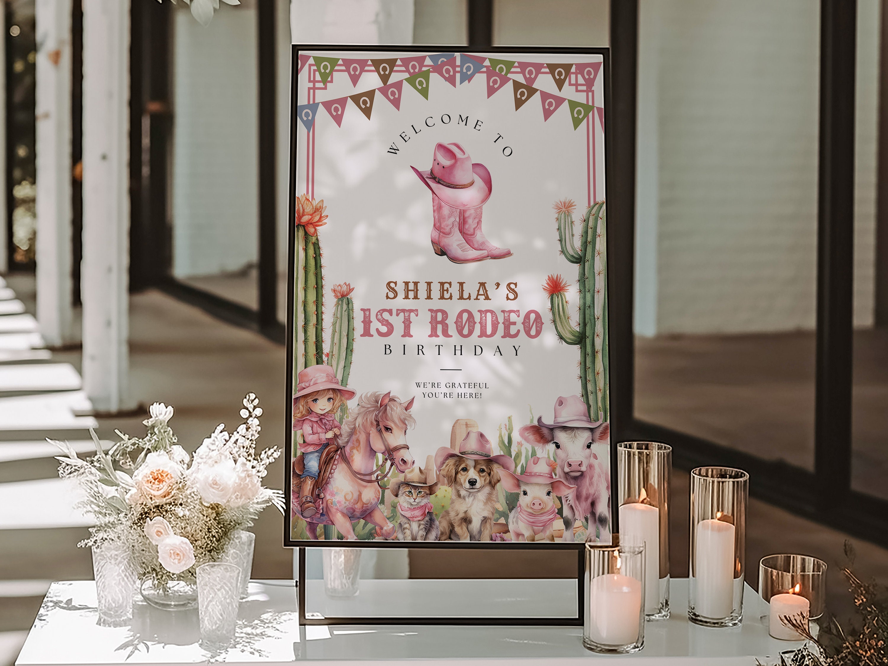 Editable My First Pink Rodeo Birthday Welcome Sign Canva Template, Pink ...