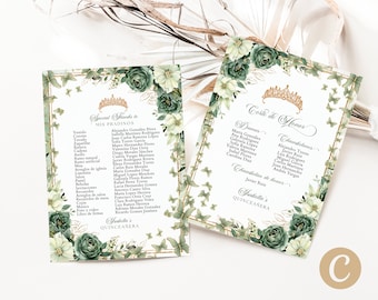 Sage Green Gold Floral Butterfly Princess Quinceanera Mis Padrenos List Canva Template, Moss Green Gold Quince Corte De Honor Digital QB0032