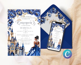 Märchen Schloss Prinzessin Quinceanera Einladung Blau Vorlage für Quinceanera, Quitte Einladung Digital, invitaciones de quinceanera