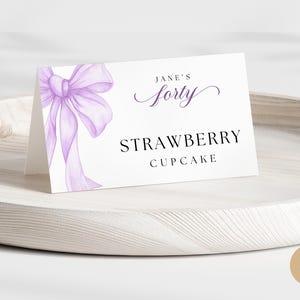 Etichetta alimentare per il 40° compleanno con fiocco viola per ragazze e ragazzi, tema fiocco crocchette lilla, carta buffet per 40 anni da scaricare, modello modificabile BP0111