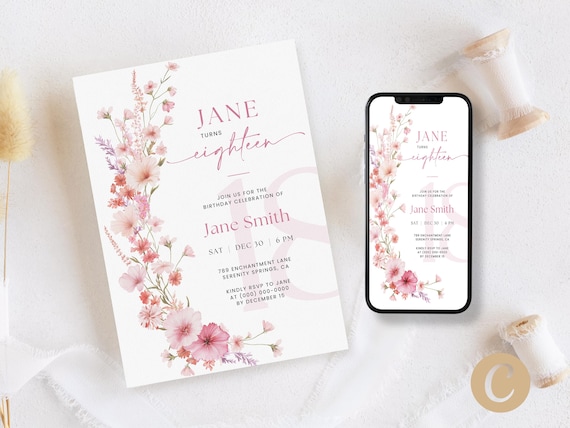 Soft Pink 18th Birthday Invitation for Adults, Wildflower 18 Year Old RSVP Digital Download for Her, Editable Canva Template, Invite BP0072