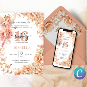 Faire-part thème floral pêche poudré duveteux, modèle d'anniversaire fée papillon, invitation fille magique, élégant fantaisiste enchanteur imprimable