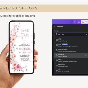 May include: A digital download option for a printable invitation for an 18th birthday party. The invitation features a pink floral design with the text "Jane turns eighteen". The download options include PDF Print, JPG, PNG, PDF Standard, SVG, MP4 Video, GIF.