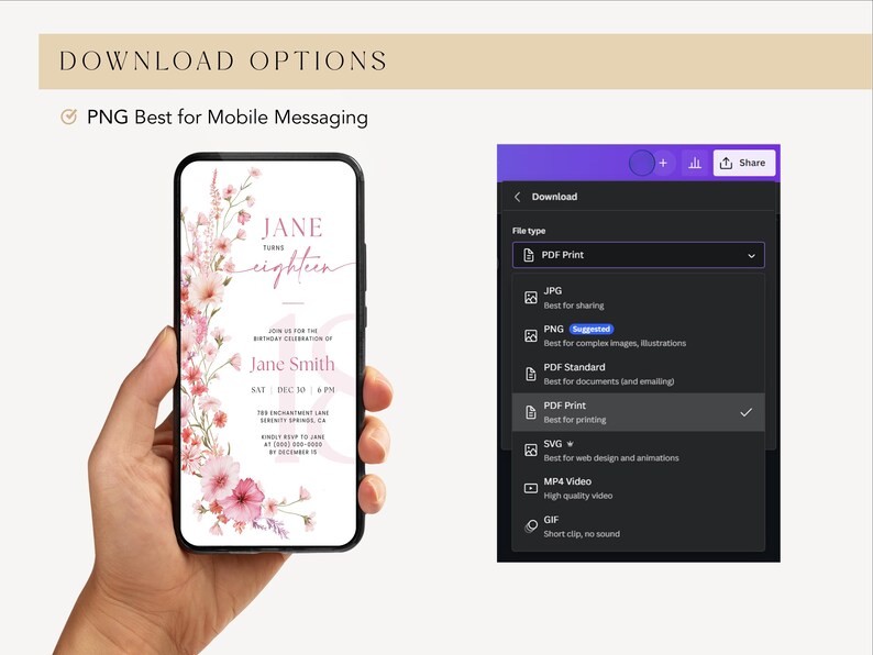 May include: A digital download option for a printable invitation for an 18th birthday party. The invitation features a pink floral design with the text "Jane turns eighteen". The download options include PDF Print, JPG, PNG, PDF Standard, SVG, MP4 Video, GIF.
