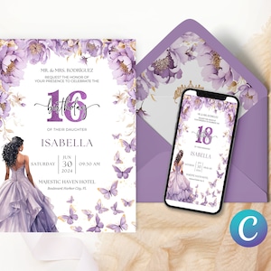 Invitation à thème floral de jardin magique, modèle d’anniversaire de papillon princesse, invitation de fille de lavande, élégant lunatique enchanteur imprimable