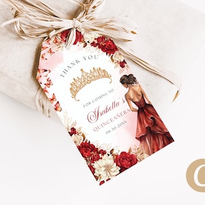 EDITABLE Maroon Red Floral Butterfly Princess Quinceanera Thank You For Coming Tag Canva Template, Red Gold Quince Gift Party Favor QB0026