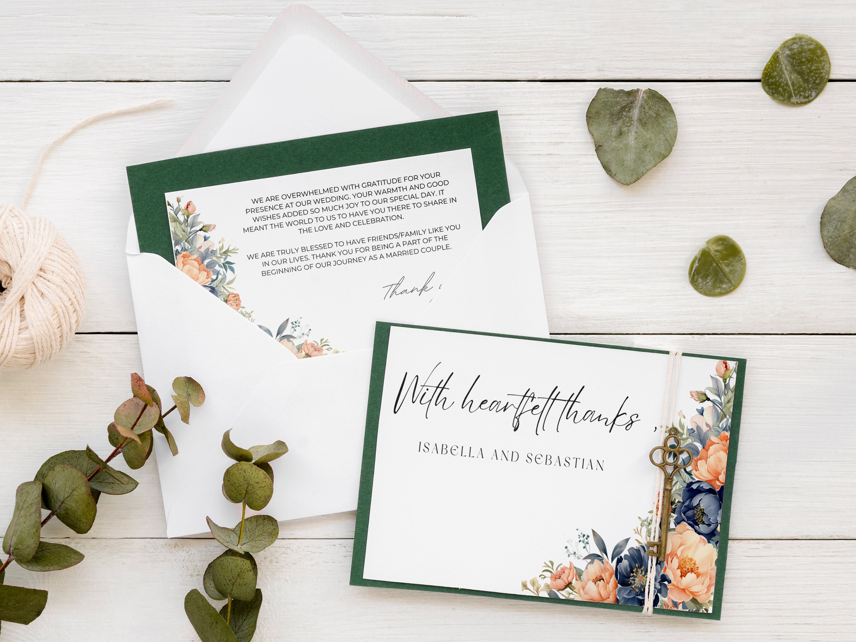 Editable Peach Fuzz & Navy Blue Floral Wedding Thank You Card Template ...