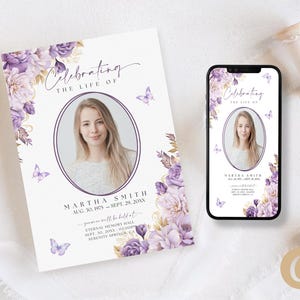 Faire-part pour les funérailles d'un papillon floral violet pour femme, modèle sur toile, simple invitation à un service commémoratif pour la célébration de la vie FS0001