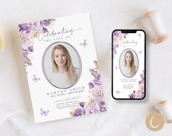 Purple Floral Butterfly Funeral Announcement Invitation for Woman Canva Template, Simple Celebration of Life Memorial Service Invite FS0001