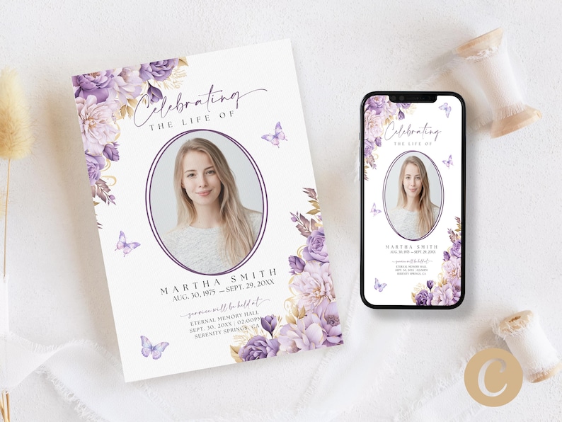Puede incluir: Anuncio de funeral floral morado y dorado con una foto de una mujer y el texto "Celebrating the Life of Martha Smith Aug. 30, 1979 - Sept. 29, 20XX  You are welcome to be held at Eternal Memory Hall Sept. 30, 20XX, 14:00 Serenity Springs, CA"