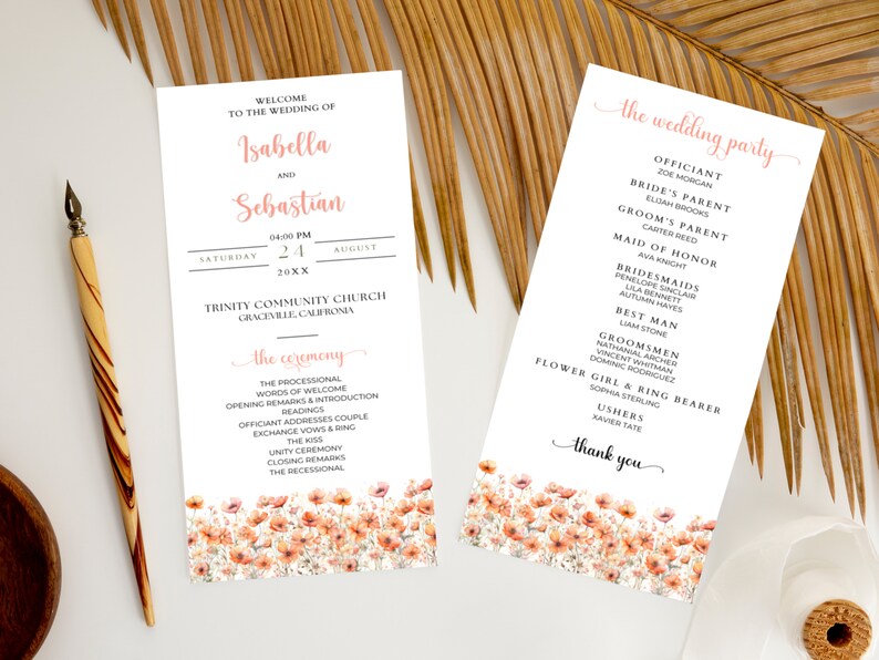 Editable Peach Fuzz Meadow Wildflower Watercolor Wedding Program Canva ...