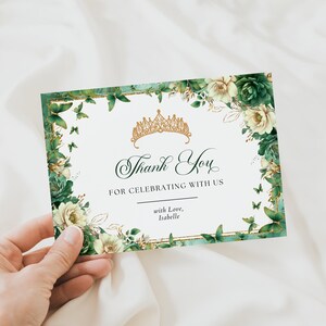 Emerald Green Gold Floral Butterfly Princess Quinceanera Save the Date Invitation Canva Template, Quince Invite RSVP Thank you Card QB0030 image 3