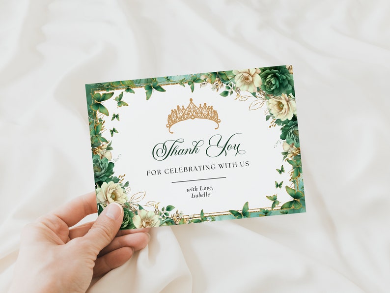Emerald Green Gold Floral Butterfly Princess Quinceanera Save the Date Invitation Canva Template, Quince Invite RSVP Thank you Card QB0030 image 3