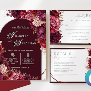 Invito ad arco di nozze rosso bordeaux, modello di tela floreale di peonie di crisantemo Dahlia, acquerello minimalista romantico moderno elegante
