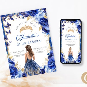 Modello Canva per inviti Quinceanera principessa farfalla floreale oro blu reale, invito mela cotogna floreale blu reale e oro digitale QB0028