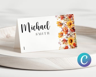 Rustic Meadow Wildflower Watercolor Place Cards Canva Template, Elegant Minimalist Editable Printable Custom DIY Wedding Name Card Download