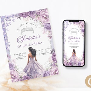 Lilás Prata Floral Borboleta Princesa Quinceanera Convites Modelo Canva, Roxo e Prata Princesa Quince Convida Cartão Digital QB0034