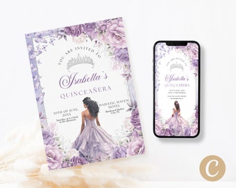 Lilac Silver Floral Butterfly Princess Quinceanera Invitations Canva Template, Purple & Silver Princess Quince Invite Digital Card QB0034