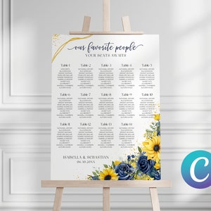 Grafico dei posti a sedere per matrimoni di grandi dimensioni, giallo senape blu navy, modello di tela floreale di peonie di girasole, acquerello semplice e moderno minimalista elegante