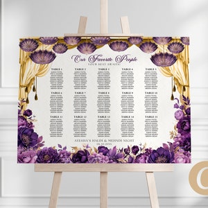 Puede incluir: Plano de asientos de boda morado y dorado con un diseño floral y el texto "Our Favorite People Your Seat Awaits!" y "Ayesha's Haldi & Mehndi Night 06.10.20XX".
