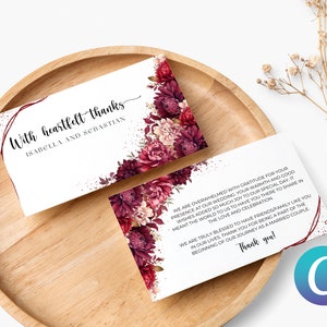 Plantilla editable de tarjeta de agradecimiento de boda roja borgoña, Dalia crisantemo peonía floral imprimible, elegante canva minimalista romántico moderno