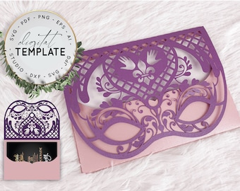 Mardi Grass Masquerade Mask Laser Cut Template Envelope Invitation - SVG Cameo, Cricut - Masquerade Mask Mardi Grass Intricate Digital-016B