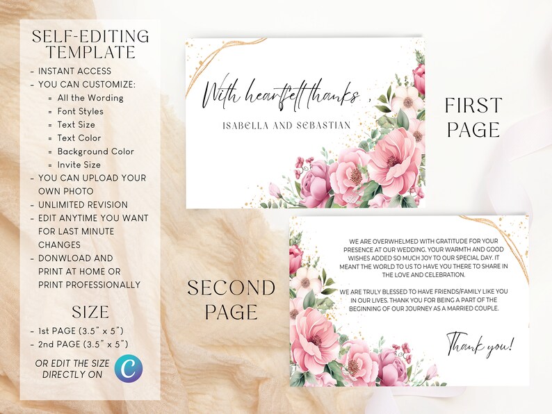 Editable Powder Pink Wedding Thank You Card Template, Dusty Pink Floral ...