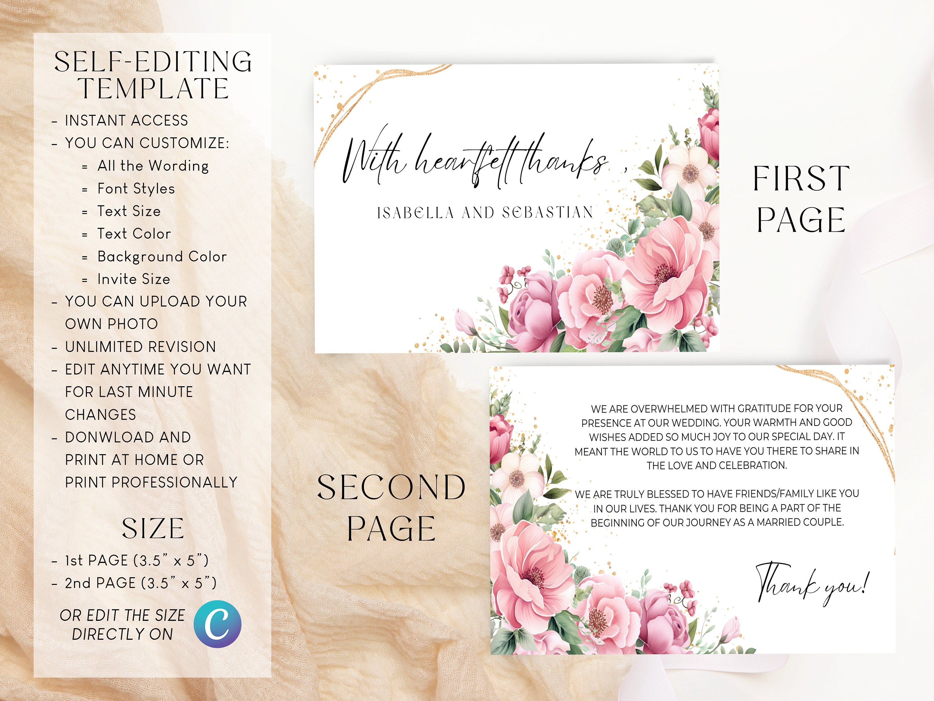 Editable Powder Pink Wedding Thank You Card Template, Dusty Pink Floral ...