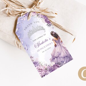 EDITABLE Lila Púrpura Plata Floral Mariposa Princesa Quinceañera Gracias por venir Etiqueta Canva Plantilla, Quince Regalo Fiesta Favor QB0034