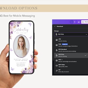 Puede incluir: Una maqueta digital de un tel&eacute;fono m&oacute;vil que muestra una tarjeta de memoria floral de color morado y blanco con el texto "Celebrating the Life of Martha Smith". La tarjeta presenta una foto de una mujer y un dise&ntilde;o floral. El tel&eacute;fono est&aacute; siendo sostenido por una mano. Se muestra un men&uacute; de descarga en el lado derecho de la imagen, con opciones para diferentes tipos de archivos, incluyendo PDF Print, JPG, PNG, SVG, MP4 Video y GIF.