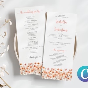 Puede incluir: Programa de la ceremonia de boda con un diseño floral con flores naranjas y blancas. El programa incluye los nombres de la comitiva nupcial, la fecha y la hora de la ceremonia, y la ubicación. El texto "the wedding party" y "the ceremony" está escrito en cursiva.