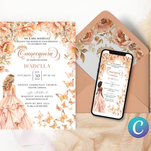 May include: A Quinceañera invitation with a peach and gold color scheme. The invitation features a floral design with butterflies and a woman in a peach dress. The text on the invitation reads "Quinceañera of their daughter Isabella" and includes the date, time, and location of the event.