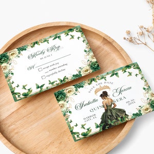 Emerald Green Gold Floral Butterfly Princess Quinceanera Save the Date Invitation Canva Template, Quince Invite RSVP Thank you Card QB0030 image 4