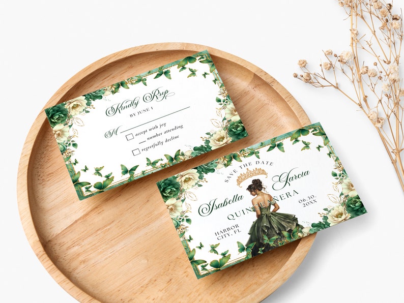 Emerald Green Gold Floral Butterfly Princess Quinceanera Save the Date Invitation Canva Template, Quince Invite RSVP Thank you Card QB0030 image 4