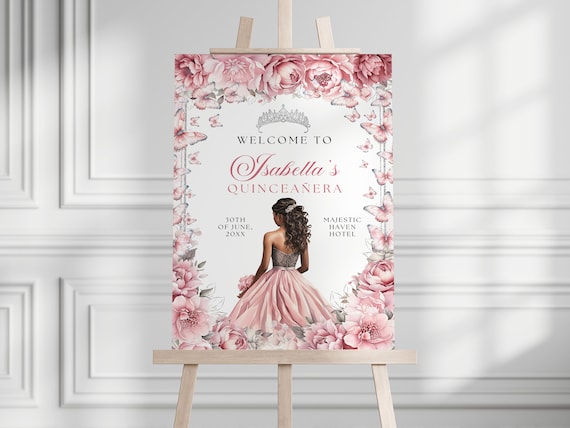 Blush Pink Silver Floral Butterfly Princess Coquette Quinceanera Welcome Sign Canva Template, Pink Silver Quince Welcome Sign Banner QB0035